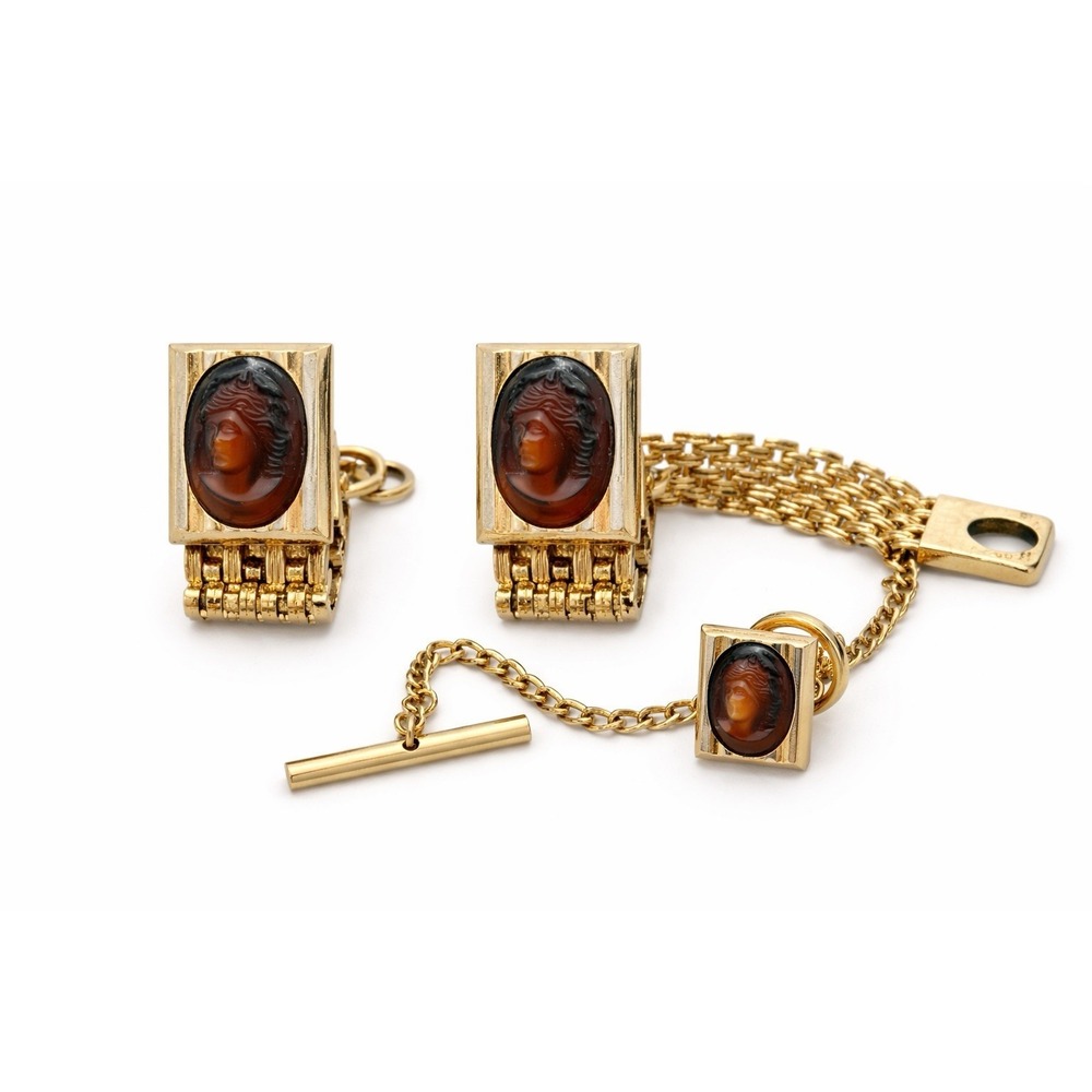 Vintage Hickok Cameo Cufflinks Tie Tack‎ Set Gold Tone Roman Intaglio Mens